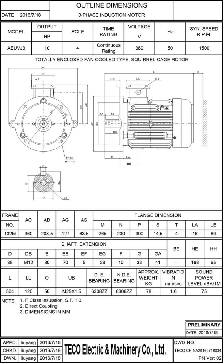 東元節(jié)能電機7.5KW 4P 立式尺寸圖